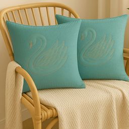 MFD HOME FURNISHING Turquoise Blue & Gold-Toned Set of 2 Embroidered Square Cushion Covers-picture-31