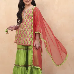 Biba Girls Floral Printed Gotta Patti Pure Cotton Straight Kurti with Sharara & Dupatta-picture-30