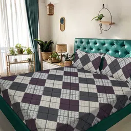 Arrabi Grey & Green Geometric 350 TC King Bedsheet with 2 Pillow Covers-13