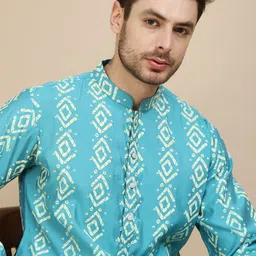 Anouk Men Geometric Printed Mandarin Collar Knee Length Silk Kurta-18