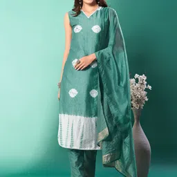 KALINI Women Bandhani Dyed Regular Aari Work Pure Silk Kurta with Trousers & With Dupatta-6