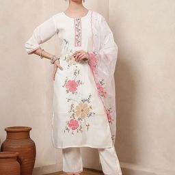 Spera Women Woven Design Embroidered Kurta with Trousers & Dupatta-image-70