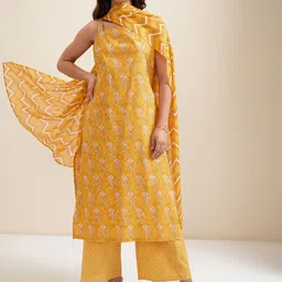 Vishudh Mustrad Yellow Floral Printed Pure Cotton Straight Kurta & Palazzos With Dupatta-picture-11