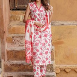 Jaitpuriya Floral Printed Pure Cotton Straight Kurta With Trousers & Dupatta-image-5