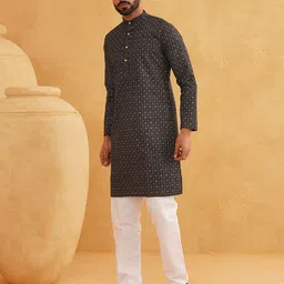 SOJANYA Men Ethnic Motifs Printed Regular Thread Work Linen Kurta with Churidar image 4