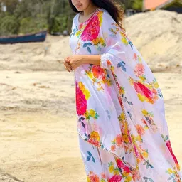Femvy Floral Printed Empire Round Neck Anarkali Kurta With Dupatta-55