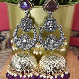 MEIRA JEWELLERY German Silver-Plated Stones Studded & Pearls Beaded Dome Jhumkas-picture-0