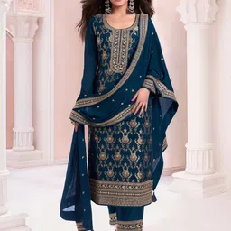 Odette Blue ViscoseRayon Embroidered Semi-Stitched Kurta Set For Women-image-47