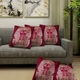 Aura Maroon & Gold Toned 5 Pieces Mummy Printed Velvet Square Cushion Covers-image-50