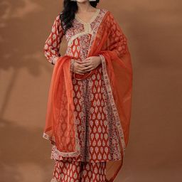 Yufta Women Floral Printed Regular Pure Cotton Kurta with Palazzos & With Dupatta-image-42