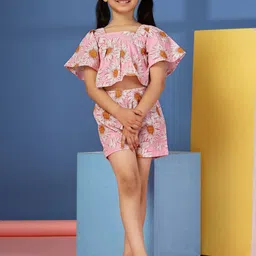 Budding Bees Girls Floral Printed Square Neck Pure Cotton Top With Shorts-image-82