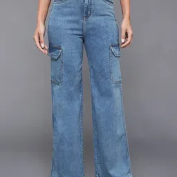 Miss Chase Women Cryptic Message Acid Wash Wide Leg Denim Jeans-image-61
