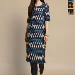HERE&NOW Selection Of 3 Chevron Printed Round Neck Straight Kurtas-image-6