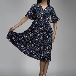 KRISS-CROX Georgette Floral Printed Flared Sleeve Wrap Dress-image-93