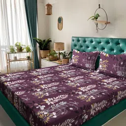 KLOTTHE Purple And Beige Floral Printed 300 TC Cotton King Bedsheet Set 2.50 m x 2.25 m-picture-15