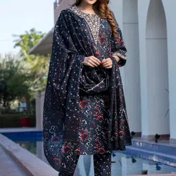 KALINI Floral Printed Thread Work Pure Cotton Straight Kurta With Trousers & Dupatta-38