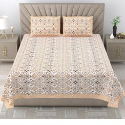 Shubastik White & Orange Ethnic Printed Cotton 200 TC King Bedsheet with 2 Pillow Covers-picture-35