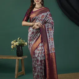 HERE&NOW Floral Printed Pure Silk Banarasi Saree-image-22