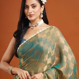 LOROFY Checked Beads and Stones Silk Blend Tussar Saree-picture-2