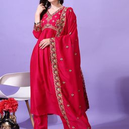 KALINI Floral Yoke Design V-Neck Thread Work Anarkali Kurta With Palazzos And Dupatta-picture-48