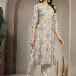 Sangria Floral Printed Pure Cotton Notch Neck Straight Kurta-image-8
