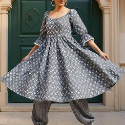 SZN Women Ethnic Motifs Printed Pure Cotton Anarkali Kurta with Afghani Salwar-image-32