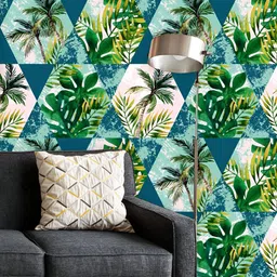ArtzFolio Printed UV-Resistant Anti-Bacterial Tropical Leaves And Palm Trees In Geometrical Shapes Peel & Stick Wallpaper-image-4