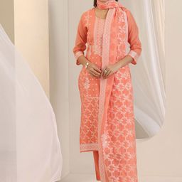 Libas Floral Printed Thread Work Chanderi Silk Straight Kurta With Trousers And Dupatta-28