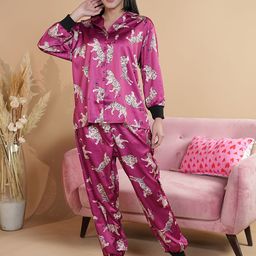 She N She Women Animal Printed Lapel Collar Shirt Joggers Night suit-image-3