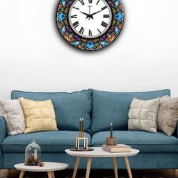 OLIVE TREE Blue & Purple Printed Wood Traditional Wall Clock-picture-1