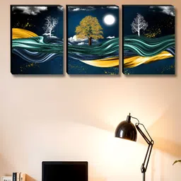 Aura Blue & Gold-Toned 3 Pieces Tree and Moon Wooden Painting Wall Art-image-86