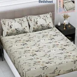 FABINALIV Beige & Yellow Floral 300 TC King Bedsheet with 2 Pillow Covers-image-24