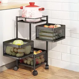3 Layer Kitchen Square Rotatin Portable Storage Rack for Fruits & Vegetable. Plastic, Carbon Steel Kitchen Trolley-7