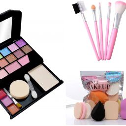 Glam Makeup Kit + 5 Piece Brush Set + 6 Piece Makeup Sponges + Eyeliner Black-image-93
