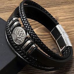 MEENAZ Men Silver-Plated Stainless Steel Leather Multistrand Bracelet-image-97