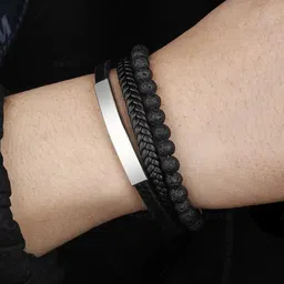 The Roadster Lifestyle Co Men Silver-Plated Leather Bracelet-image-108