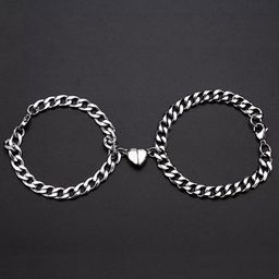 MEENAZ Unisex Set of 2 Silver-Plated Couple Magnet Link Bracelets-picture-7