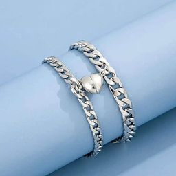 MEENAZ Unisex Set Of 2 Silver-Plated Link Couple Magnet Bracelet-9
