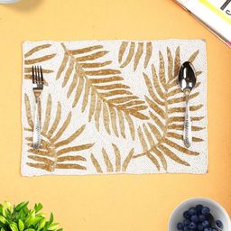 YWULY Cream Coloured  & Yellow Beaded Floral Table Placemats-9