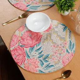 SOKNACK Pink & Beige 2 Pieces Floral Digital Printed Round Table Placemats-picture-2