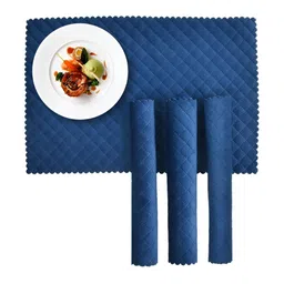 HOMADORN Blue 4 Pieces Textured Velvet Quilted Rectangular Table Placemats-1