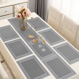 HOKIPO 7 Pieces Textured & Colourblocked Rectangular Table Placemats & Table Runner-4