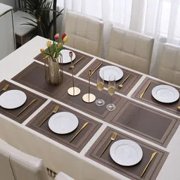 HOKIPO 7 Pieces Textured & Colourblocked Rectangular Table Placemats & Table Runner image 5