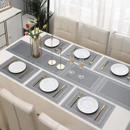 HOKIPO 7 Pieces Textured & Colourblocked Rectangular Table Placemats & Table Runner image 2