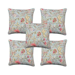 MONKDECOR Blue & Pink Set of 5 Floral Square Cushion Covers-25