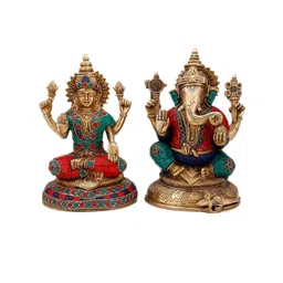 CraftVatika Red 2 Pieces Textured Ganesh & Laxmi Brass Idol Showpieces-8