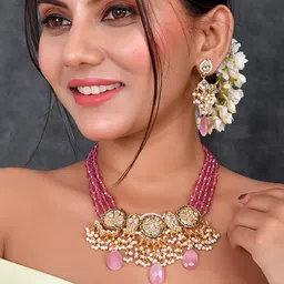 DASTOOR Gold-Plated Kundan Necklace & Earrings-45