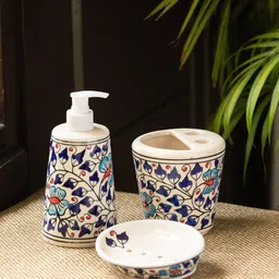 ExclusiveLane Set of 3 White Blue Hand-painted Ceramic Bathroom Accessories Set-5