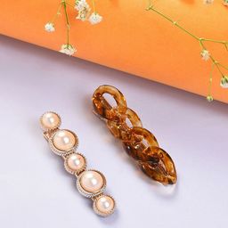 SOHI Women Brown & White Set of 2 Embellished Alligator Hair Clip-83