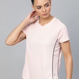 Women Solid V Neck Polyester Pink T-Shirt-image-78